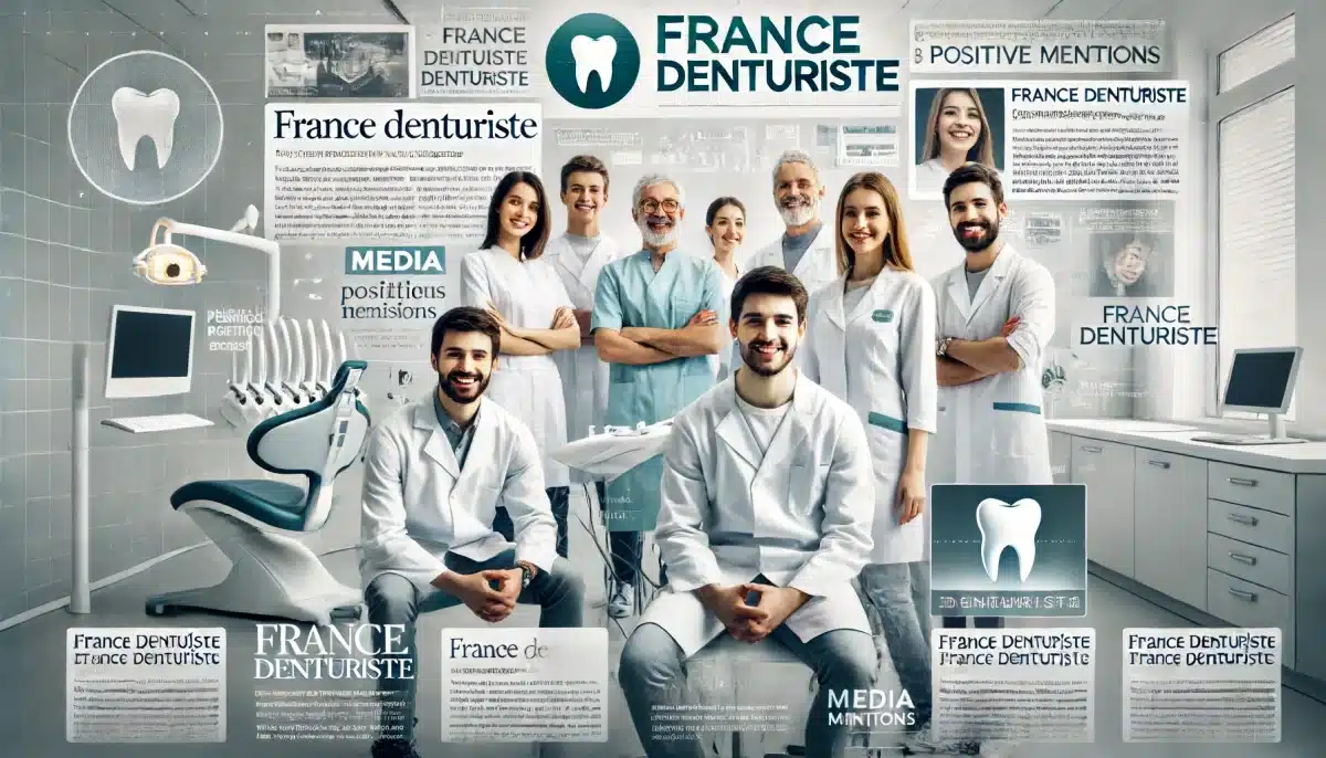Ils parlent de nous Ils parlent de nous Ils parlent de nous : Équipe de denturistes professionnels de France Denturiste avec articles de presse et logos de médias en arrière-plan.