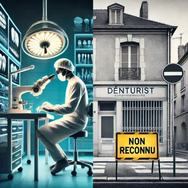 Une image divisée montrant, d'un côté, un denturiste en action dans un laboratoire moderne à l'étranger, et de l'autre, une pancarte en France indiquant "Non reconnu".