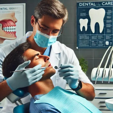 Un denturiste professionnel traitant un patient dans un cabinet dentaire moderne, avec des outils dentaires visibles et une affiche informative en arrière-plan.